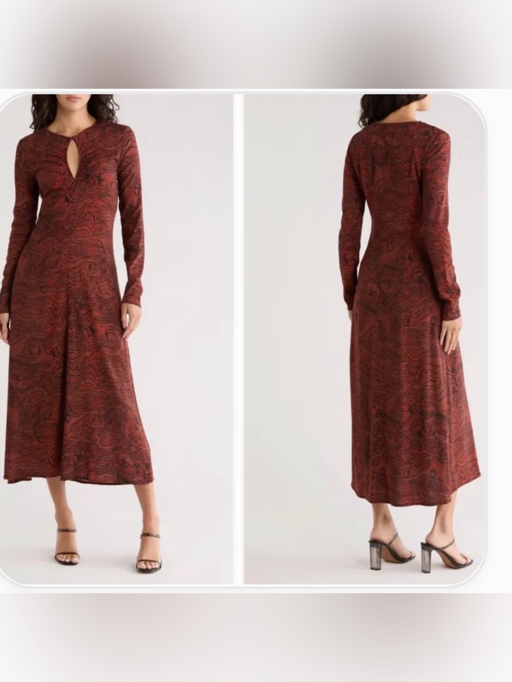 Desigual Long-Sleeve Rust Red Patterned Keyhole Midi Dress